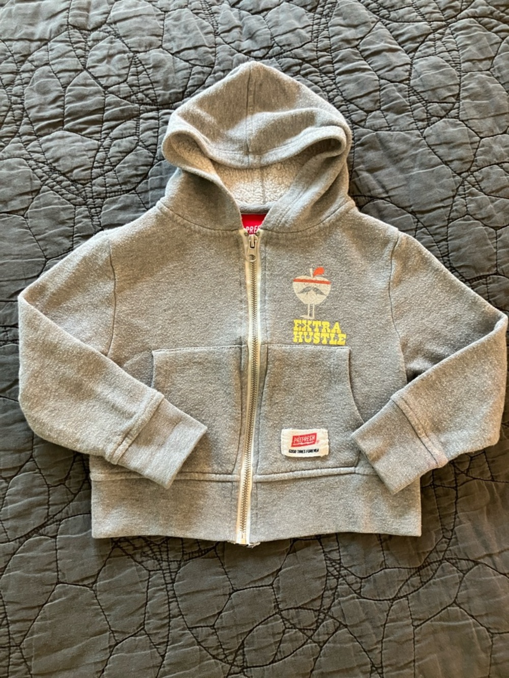 PREFRESH Grey Zip Hoodie with Yellow Extra Hustle Graphic